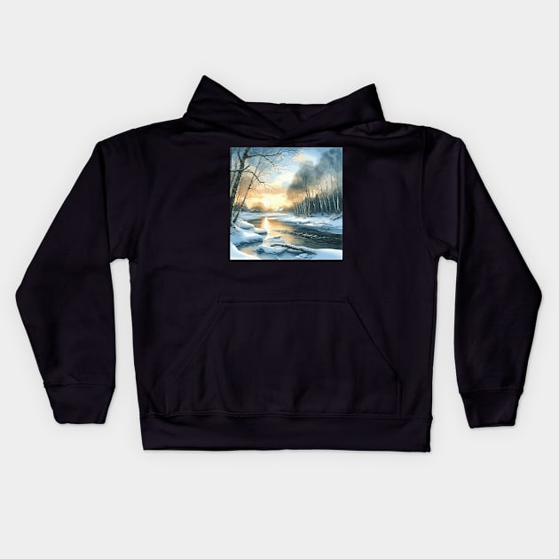 Winter River Winter Landscape Kids Hoodie by Siha Arts